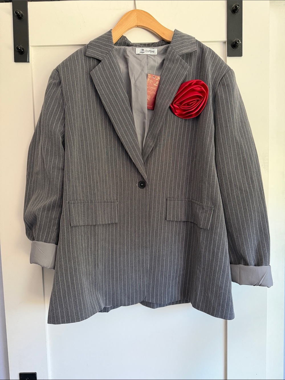 Cupshe Gray Pinstripe Blazer with Red Lapel Rose
